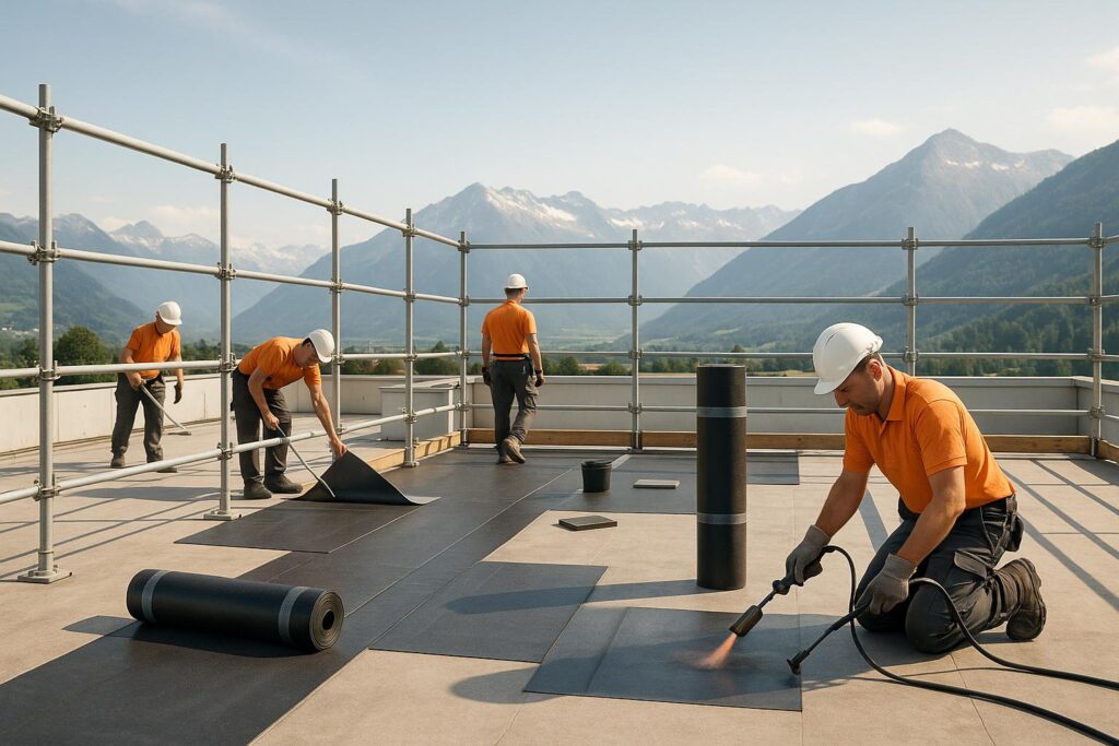 Flachdach-Abdichtung: Diese Gerüstlösung schützt Material und Arbeiter