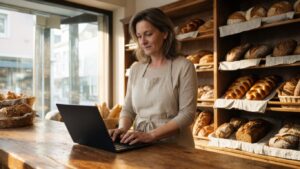 Inhaberin einer Bäckerei arbeitet hinter der Theke an einem Laptop
